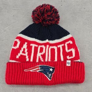 47 Brand New England Patriots Knit Pom Pom Beanie Hat Script Red One Size Cap